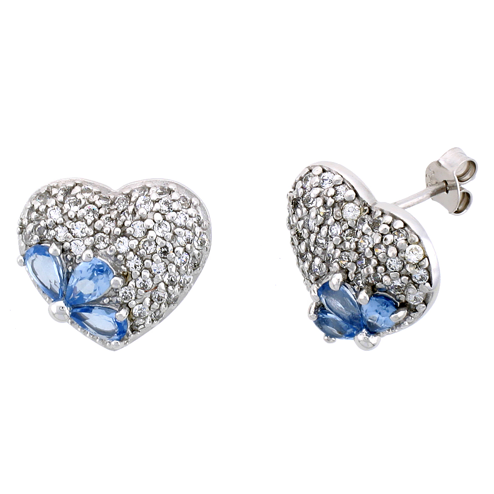Sterling Silver Heart Stud Earrings w/ Brilliant Cut Clear &amp; Pear Cut Blue Topaz-colored CZ Stones, 9/16&quot; (15 mm) tall