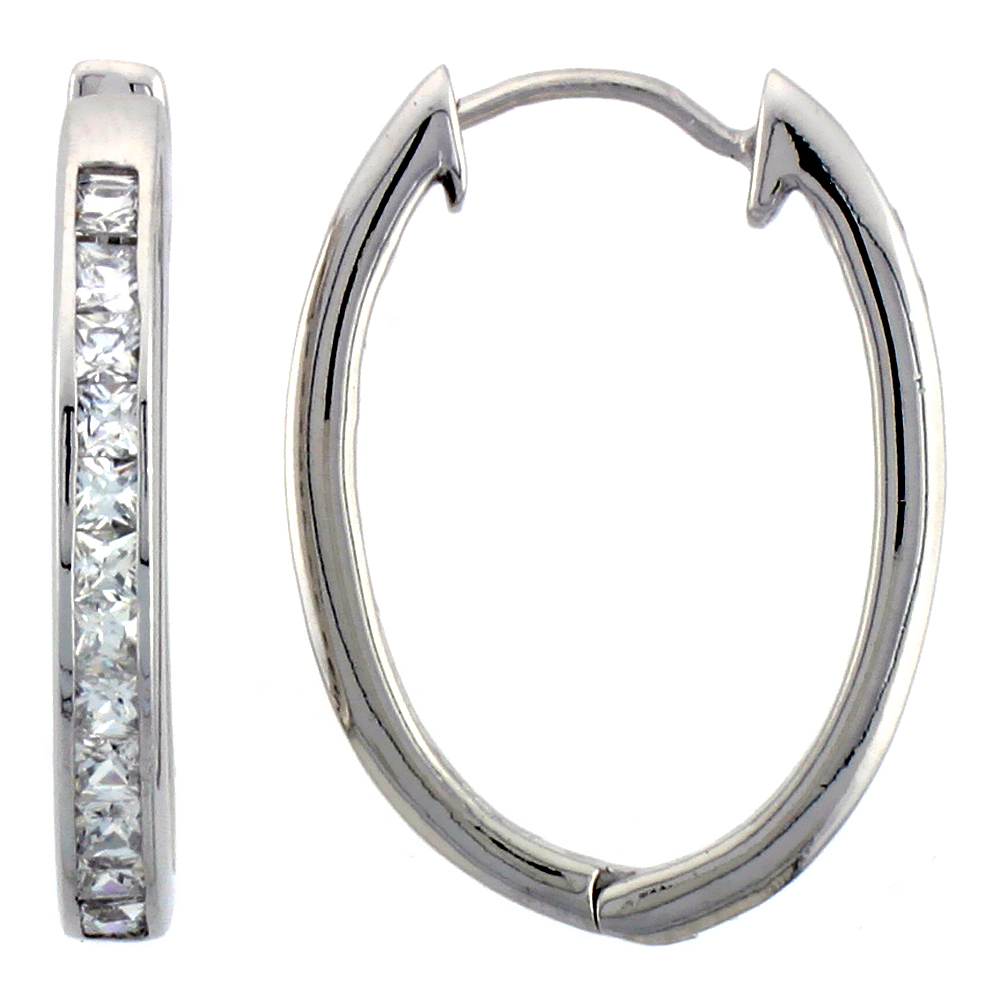 Sterling Silver Oval Hoop Earrings Channel Set Square CZ, 1 1/16 in. 27 mm Long