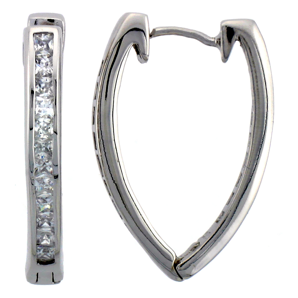 Sterling Silver Hoop Earrings Channel Set CZ, 1 in. 26 mm Long