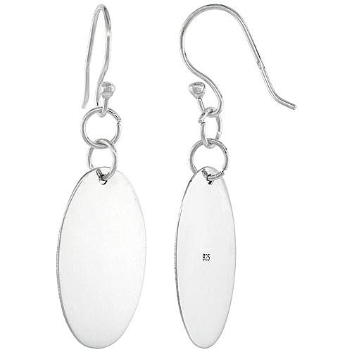 Sterling Silver Oval Disc Dangling Earrings High Polished, 1 17/32 inch long