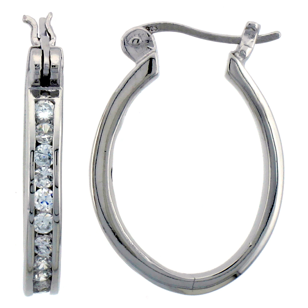 Sterling Silver Hoop Earrings Channel Set CZ, 7/8 in. 23 mm