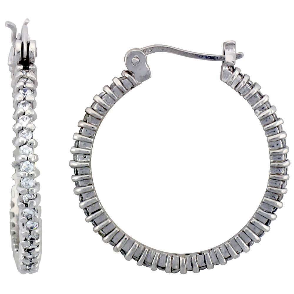 Sterling Silver Hoop Earrings Prong Set CZ, 1 1/8 in. 28 mm