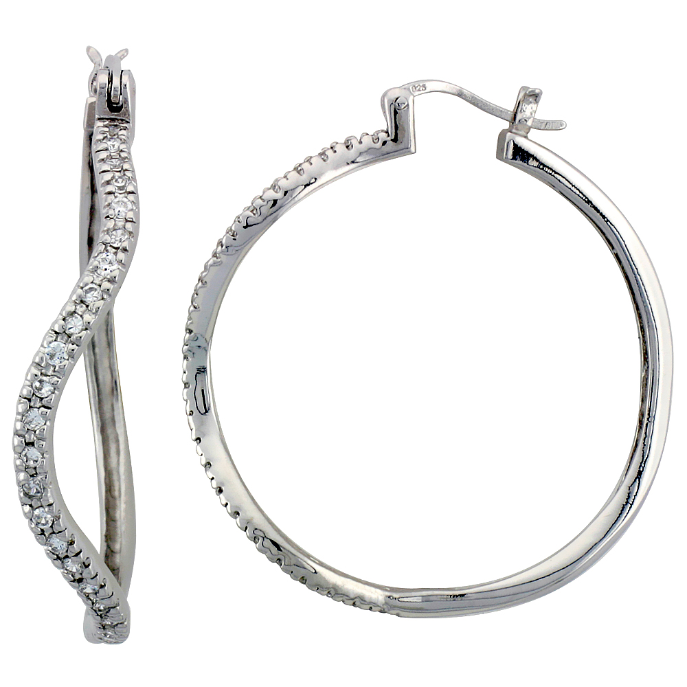 Sterling Silver Hoop Earrings Prong Set CZ, 1 1/2 in. 39 mm
