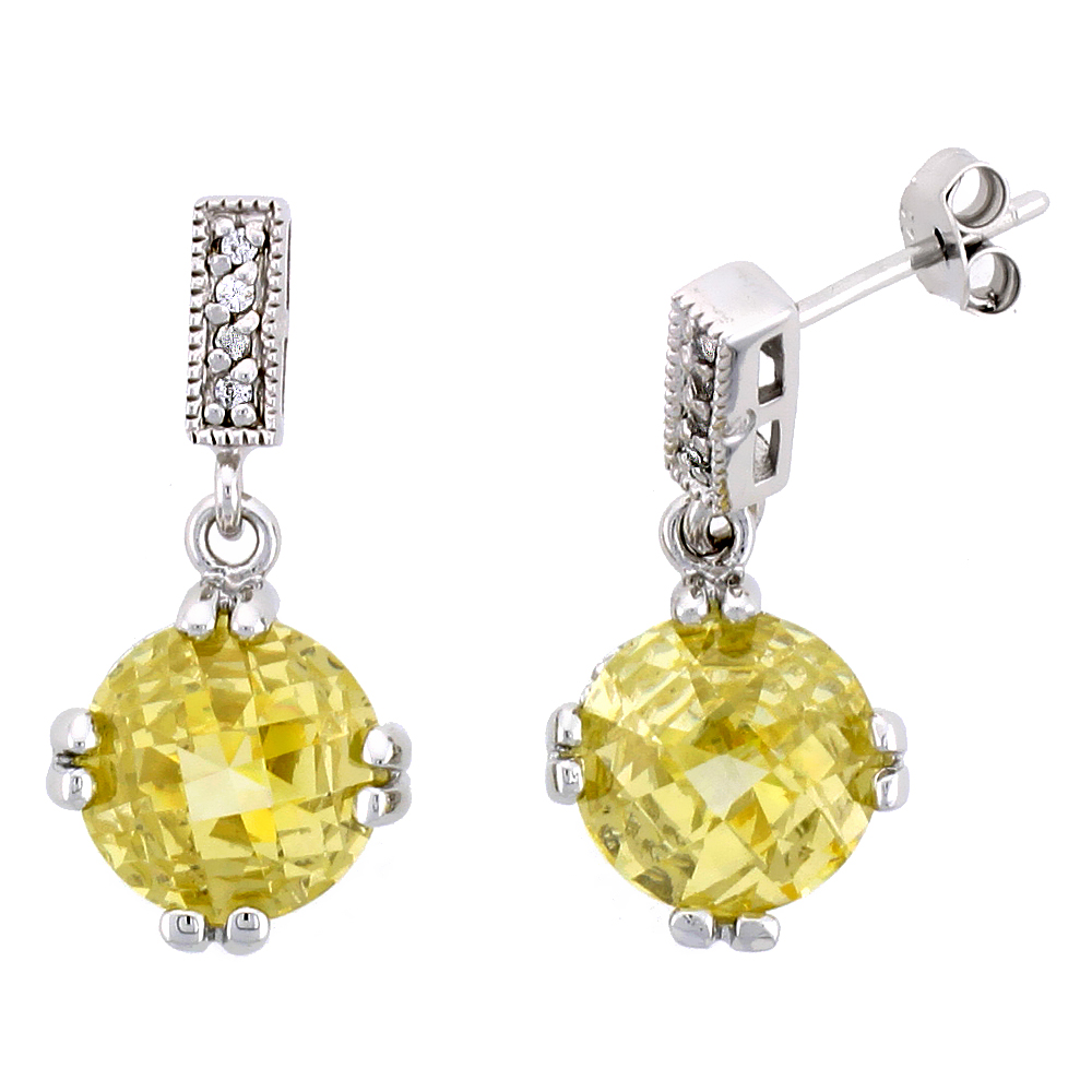 Sterling Silver Dangle Ball Earrings w/ Brilliant Cut CZ Stones & Yellow Topaz-colored Crystal Balls, 1" (26 mm) tall