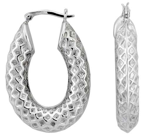 Sterling Silver Hammered Hoop Earrings for Women Oval Click Top High Polished 1 1/2 inch