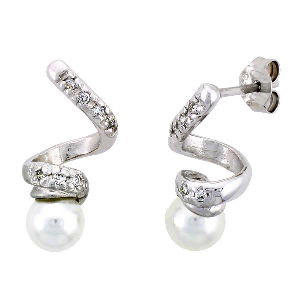 Sterling Silver Jeweled Spiral Post Earrings, w/ Faux Pearls & Cubic Zirconia, 3/4" (19 mm)