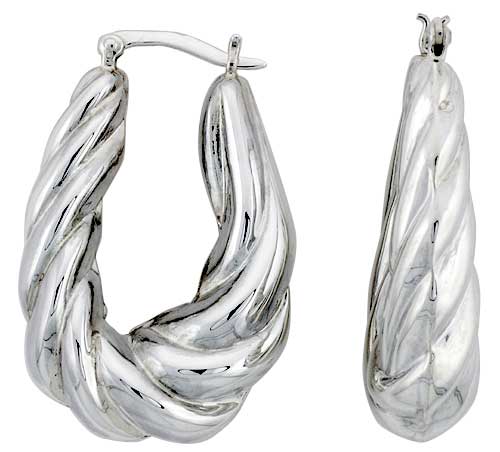 Sterling Silver Twisted Shrimp Hoop Earrings for Women Click Top High Polished 1 1/2 inch
