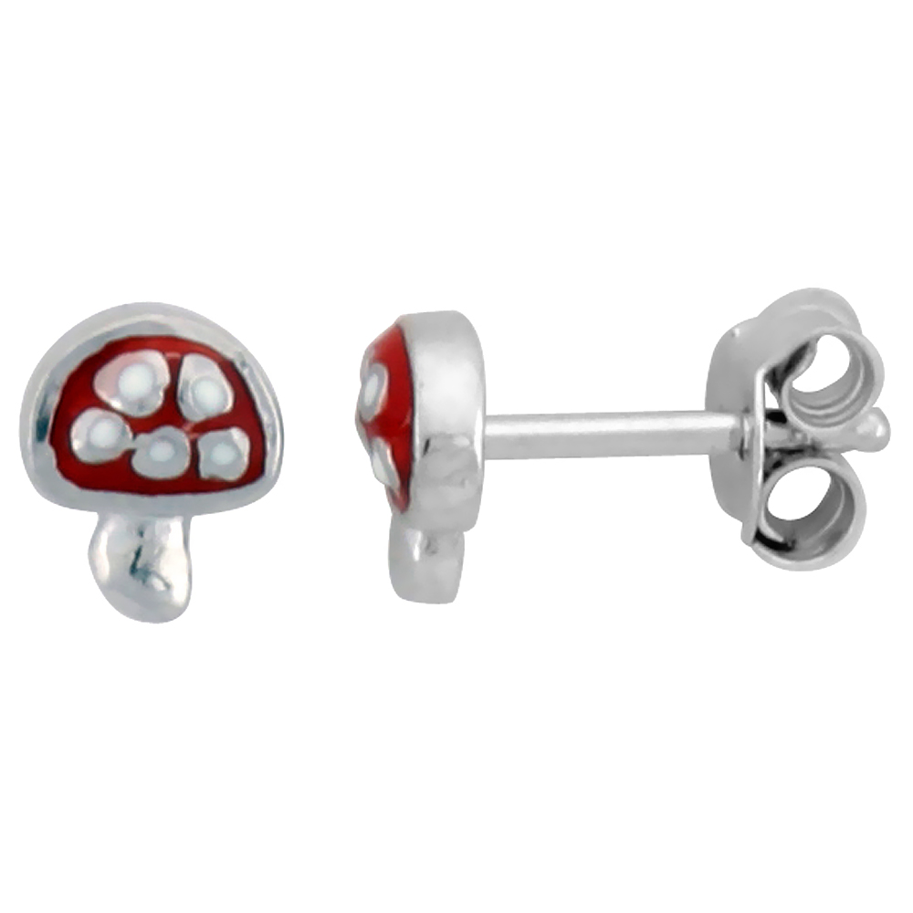 Sterling Silver Child Size Mushroom Earrings, w/ Red Enamel Design, 1/4&quot; (6 mm) tall