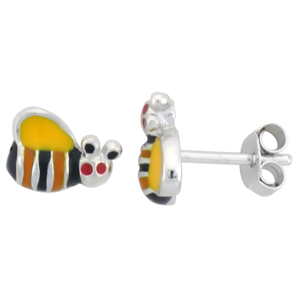 Sterling Silver Child Size Bumble Bee Earrings, w/ Yellow, Black & Orange Enamel Design, 5/16" (8 mm) wide