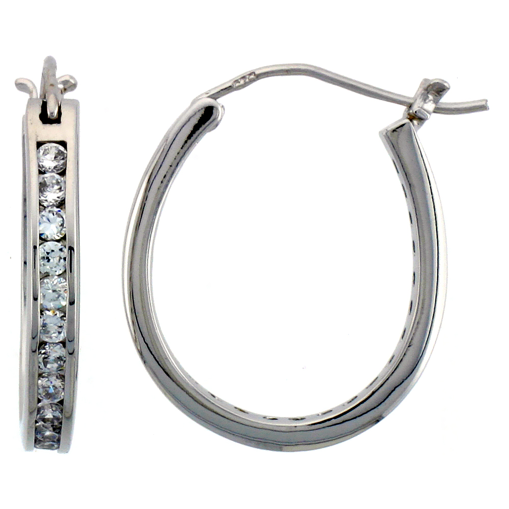 Sterling Silver Hoop Earrings Channel Set CZ, 1 in. 25 mm