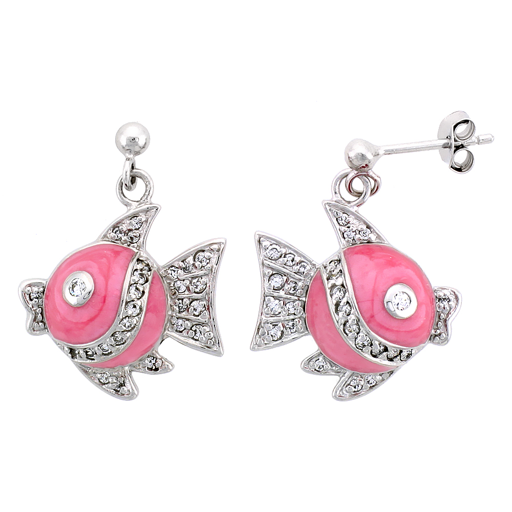 Sterling Silver Jeweled Fish Post Earrings, w/ Pink Enamel &amp; Cubic Zirconia, 1 1/16&quot; (27 mm)