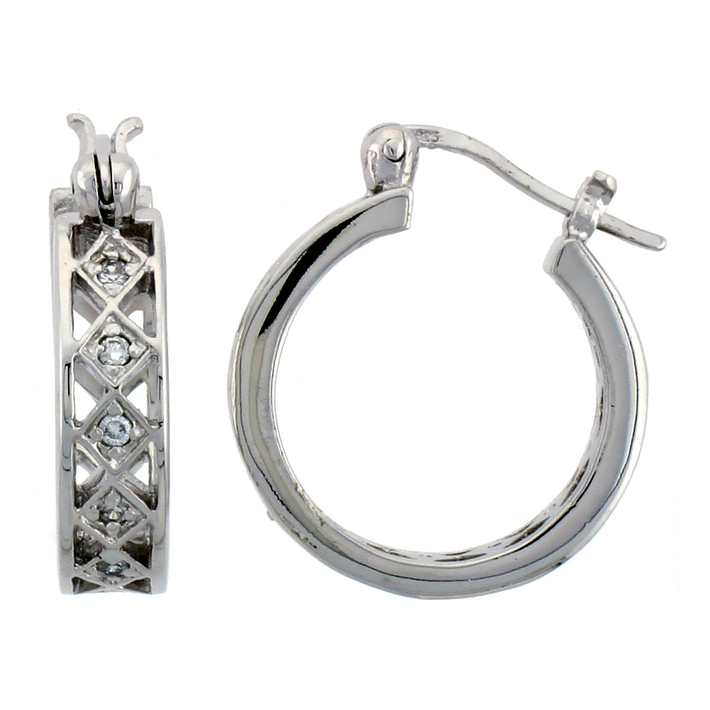 Sterling Silver Hoop Earrings Pave Set CZ, 3/4 in. 20 mm