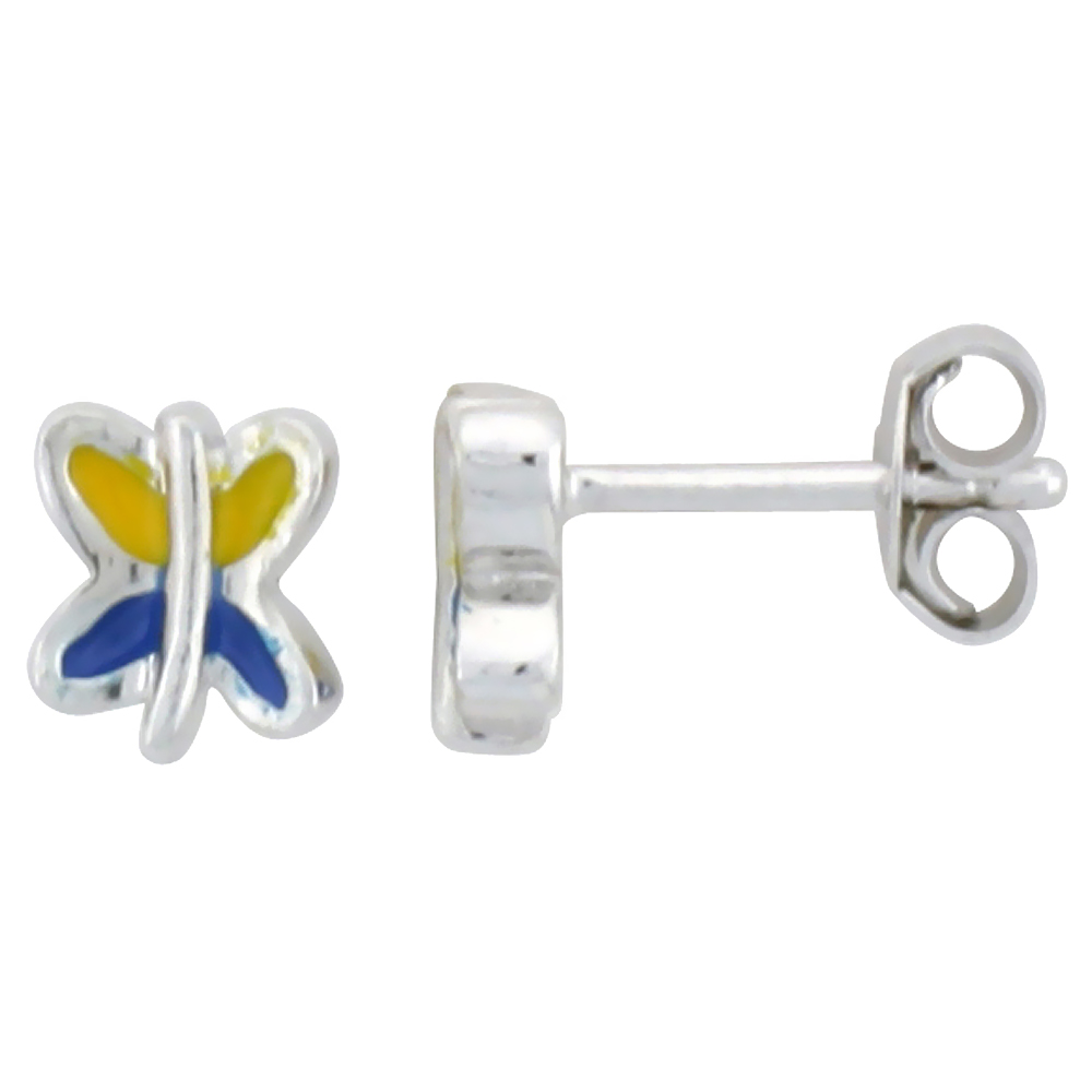 Sterling Silver Child Size Butterfly Earrings, w/ Blue & Yellow Enamel Design, 1/4" (6 mm) tall