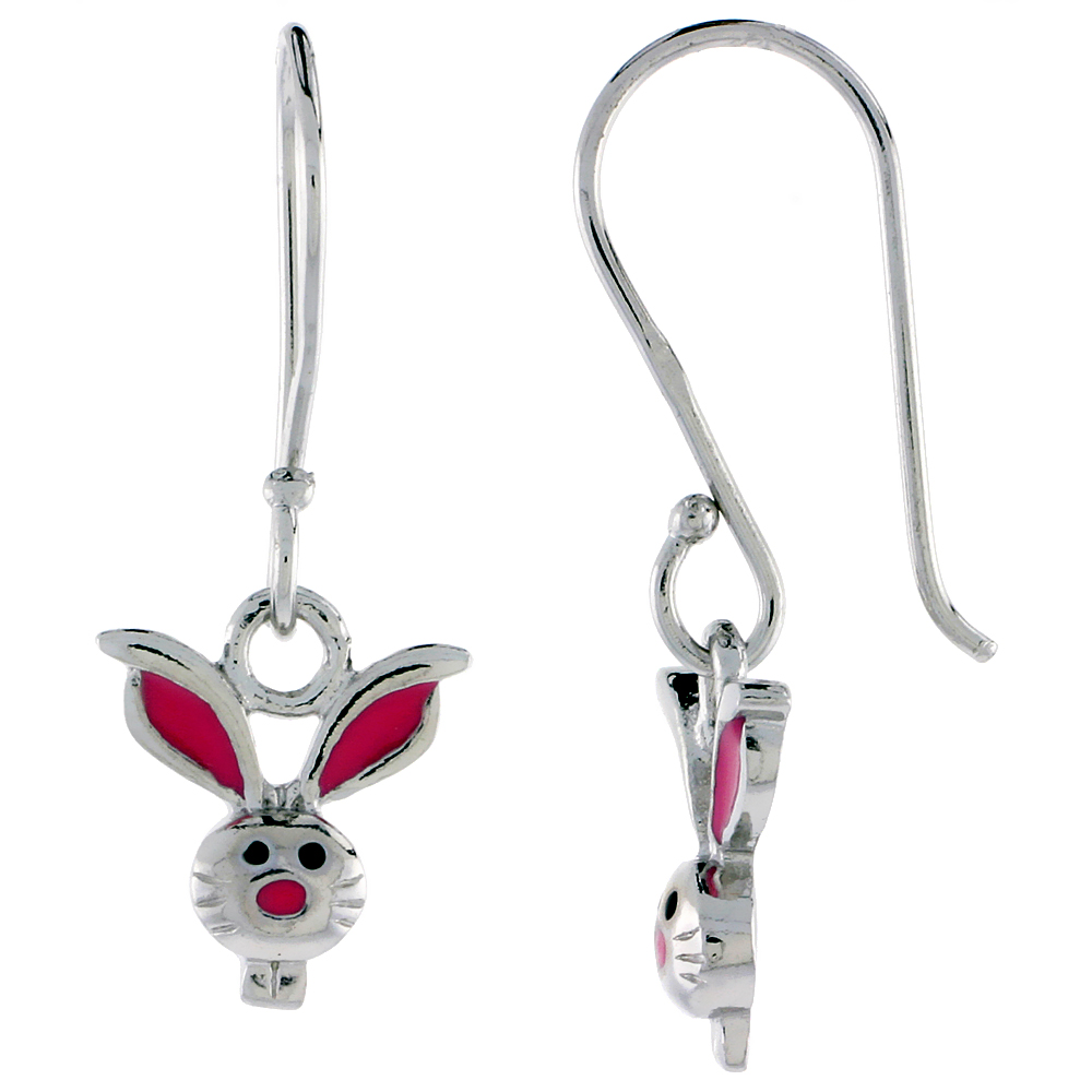 Sterling Silver Child Size Rabbit Head Earrings, w/ Pink Enamel Design, 7/16" (11 mm) tall