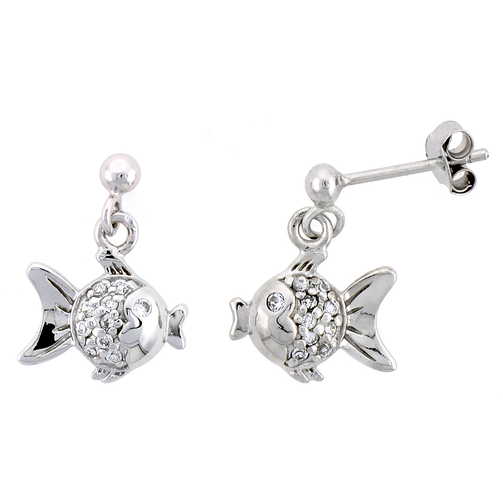 Sterling Silver Jeweled Fish Post Earrings w/ Cubic Zirconia stones, 1/2" (13 mm)