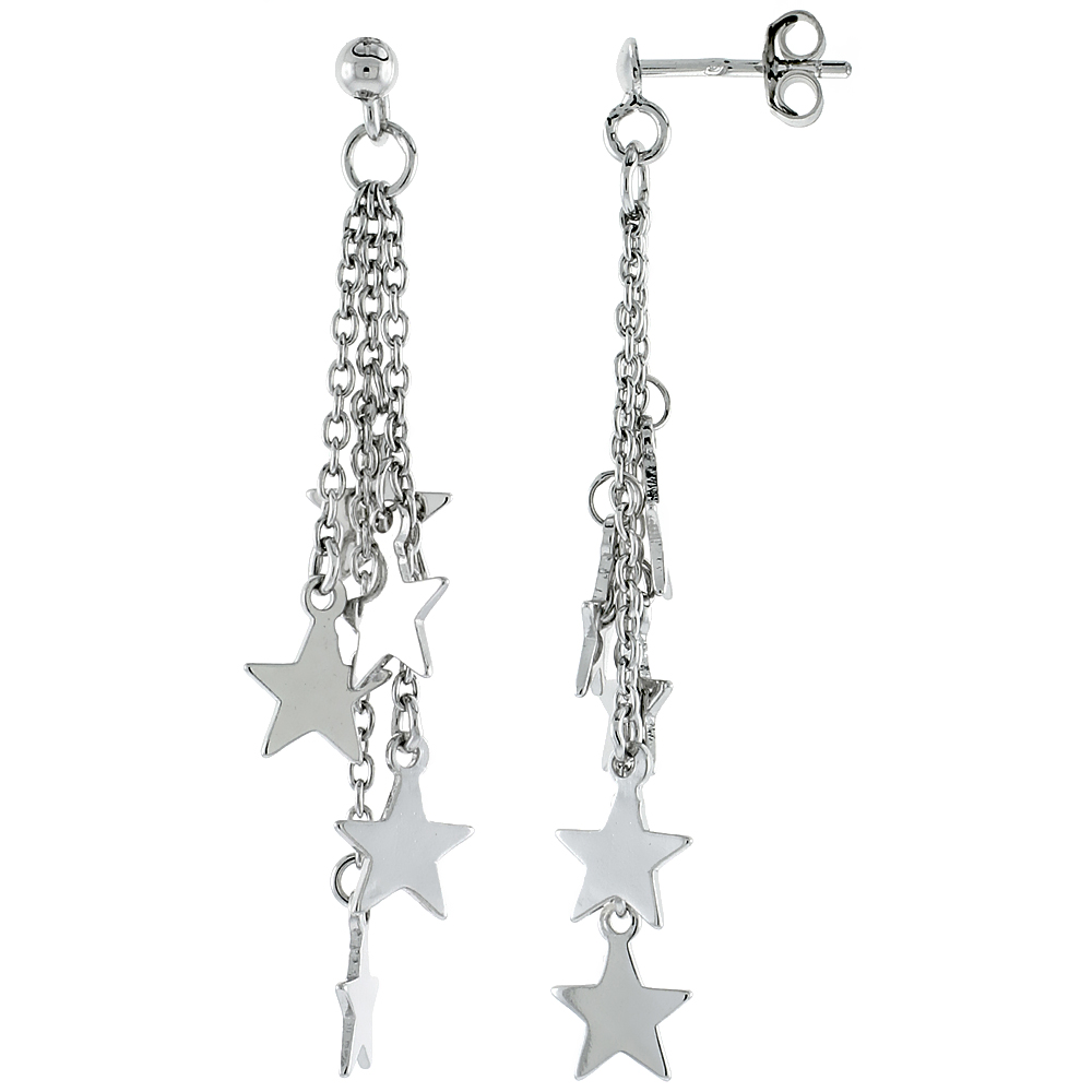 Sterling Silver Dangling Stars Post Earrings, w/ Rolo chain, 1 5/8 (41 mm)