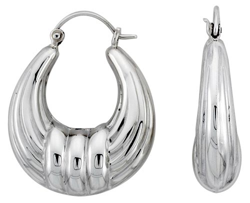 Sterling Silver Oval Hoop Earrings for Women Scalloped Center Click Top High Polished 1 inch