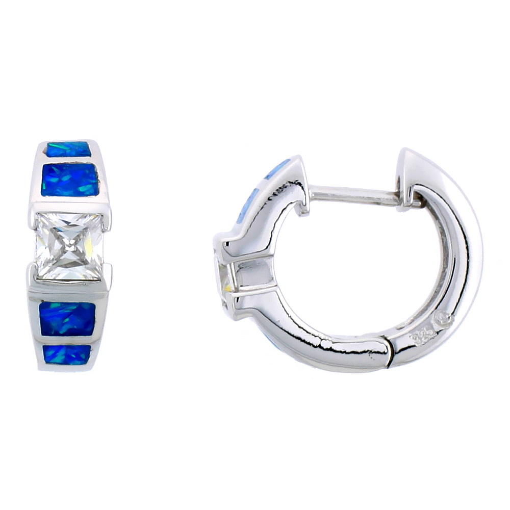 Sterling Silver Huggie Earrings Synthetic Opal inlay & Square Cubic Zirconia, 9/16 inch