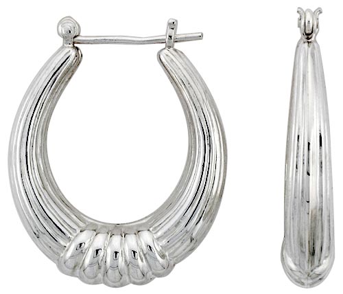 Sterling Silver Oval Hoop Earrings for Women Scalloped Center Click Top High Polished 1 1/4 inch