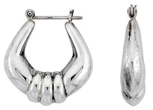 Sterling Silver Squared Hoop Earrings for Women Scalloped Center Click Top High Polished 1 inch
