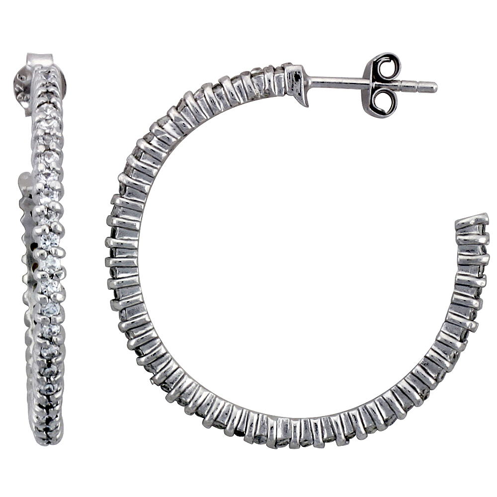 Sterling Silver Hoop Earrings Prong Set CZ, 1 5/16 in. 34 mm