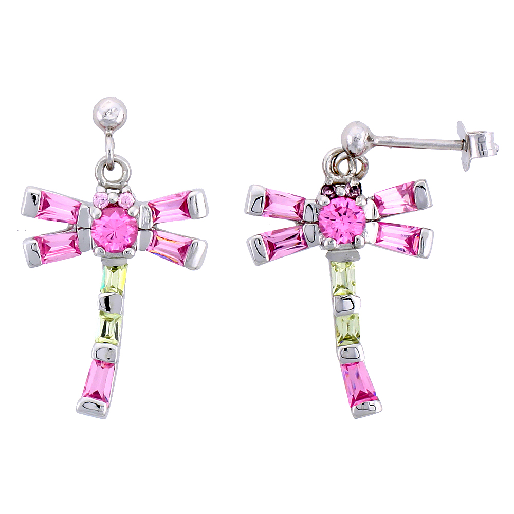 Sterling Silver Dragonfly Dangle Earrings w/ Baguette Yellow Topaz-colored, Baguette &amp; Brilliant Cut Pink Tourmaline-colored CZ Stones, 1 3/16&quot; (30 mm) tall