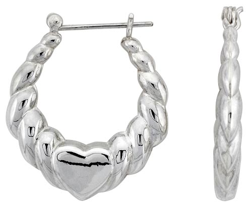 Sterling Silver Heart Hoop Earrings for Women Scalloped Click Top High Polished 1 1/4 inch