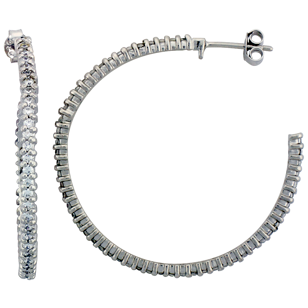 Sterling Silver Hoop Earrings Prong Set CZ, 1 9/16 in. 40 mm