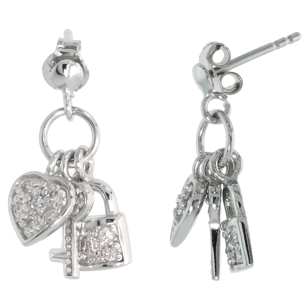 Sterling Silver Jeweled Post Earrings, w/ Heart Key Padlock &amp; Cubic Zirconia, 5/8&quot; (16 mm)