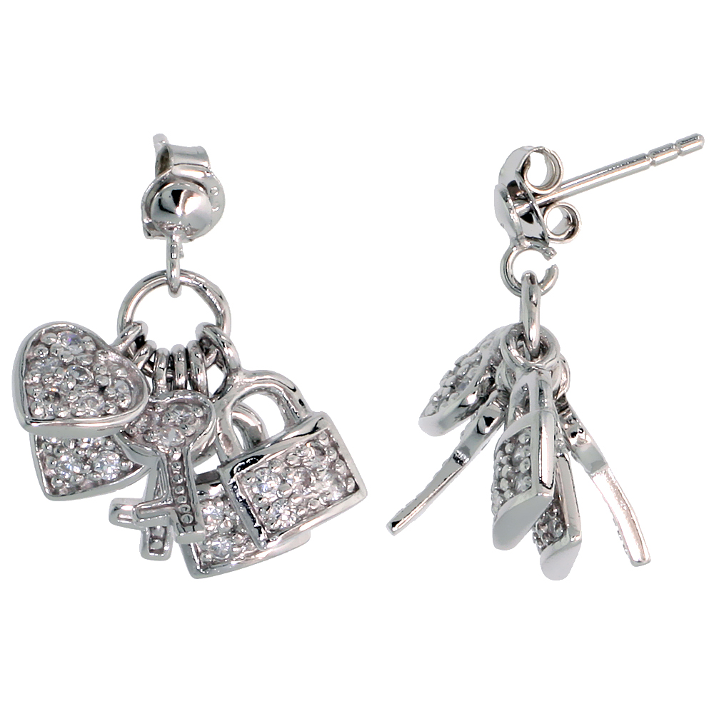 Sterling Silver Jeweled Post Earrings, w/ Heart Key Padlock &amp; Cubic Zirconia, 7/8&quot; (22 mm)