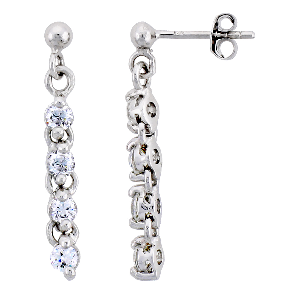 Sterling Silver Jeweled Dangling Post Earrings, w/ Round Cubic Zirconia, 1 1/8" (28 mm)