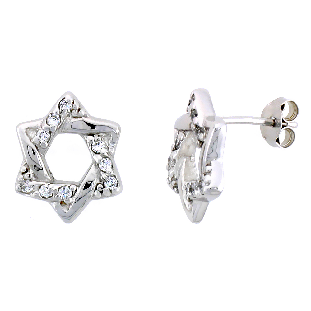 Sterling Silver Jeweled Star-of-David Post Earrings, w/ Cubic Zirconia stones, 9/16" (14 mm)