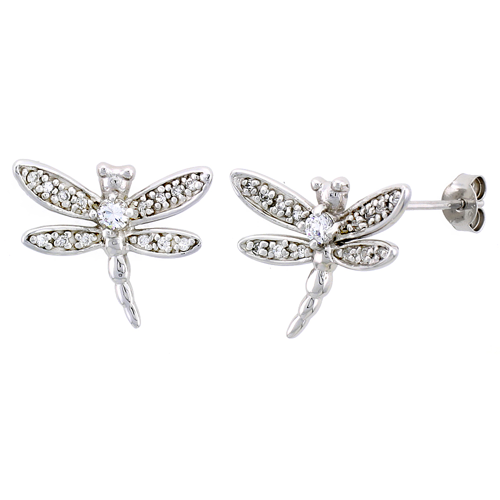 Sterling Silver Jeweled Dragonfly Post Earrings, w/ Cubic Zirconia stones, 3/4" (19 mm)
