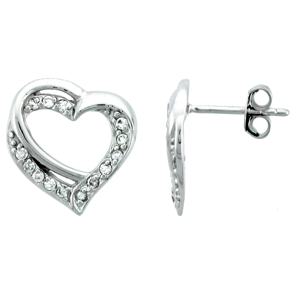 Sterling Silver Jeweled Heart Post Earrings, w/ Cubic Zirconia stones, 9/16 (15 mm)