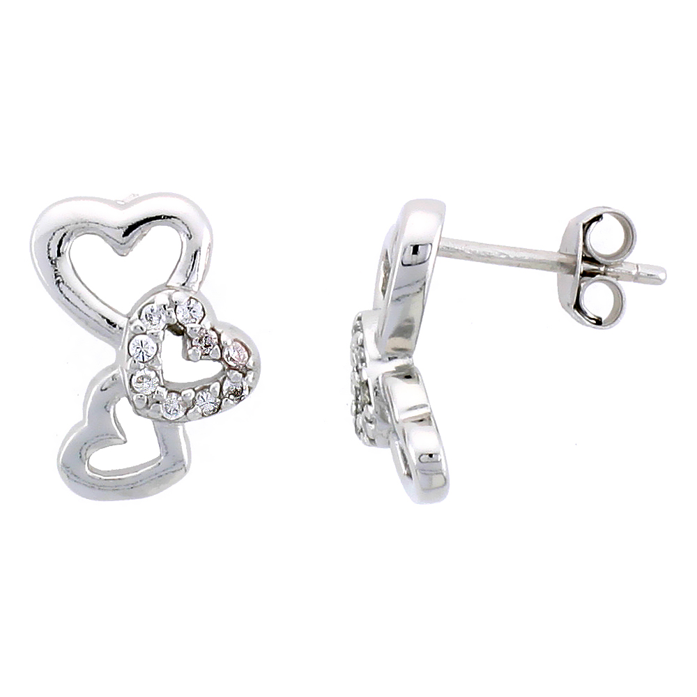 Sterling Silver Jeweled Hearts Post Earrings, w/ Cubic Zirconia stones, 11/16" (18 mm)