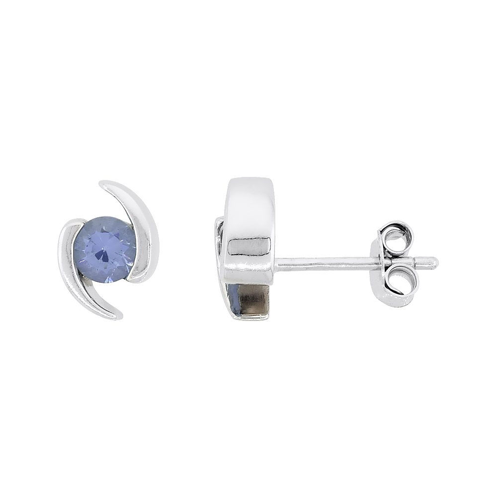 Sterling Silver Stud Earrings w/ Brilliant Cut Blue Topaz-colored CZ Stones, 3/8&quot; (10 mm) tall