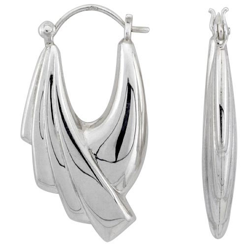 Sterling Silver Half Scalloped Art Deco Hoop Earrings for Women Squared Click Top High Polished 1 1/4 inch