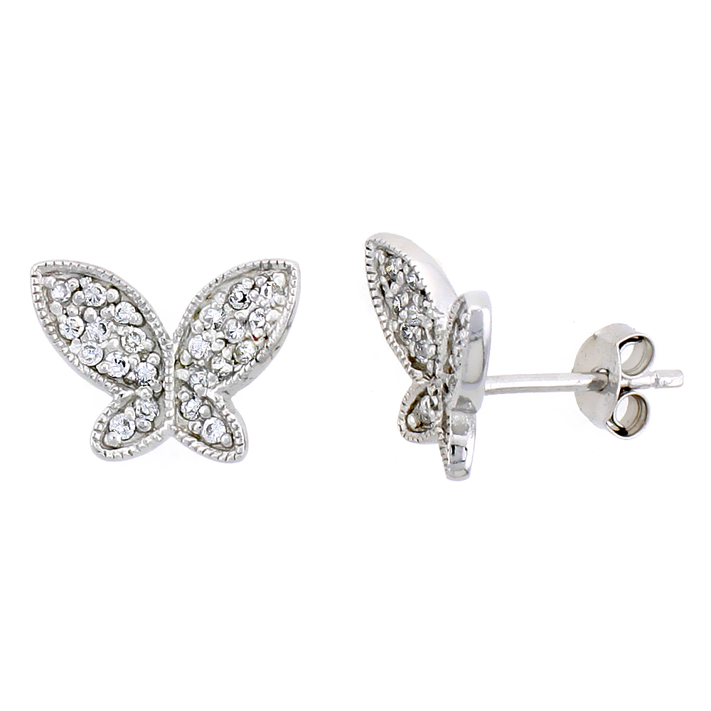 Sterling Silver Jeweled Butterfly Post Earrings w/ Cubic Zirconia stones, 3/8" (10 mm)
