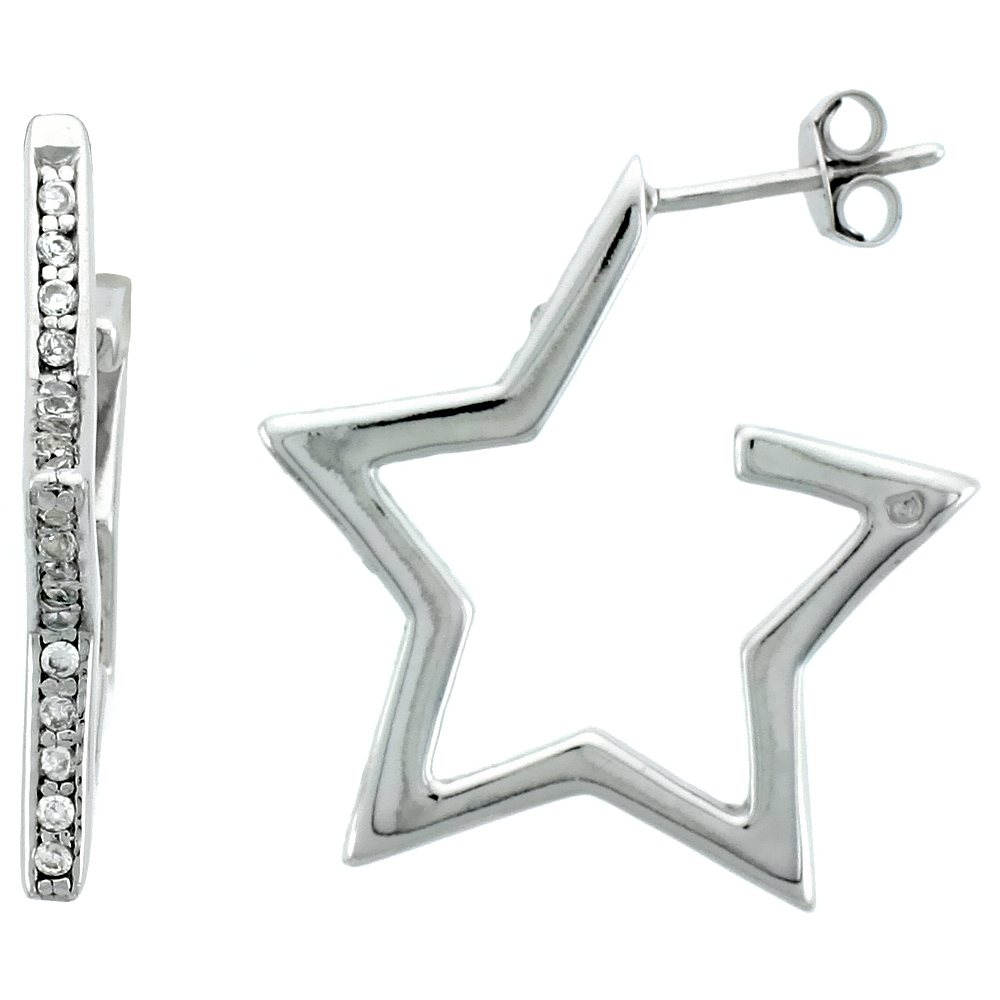 Sterling Silver Jeweled Star Post Earrings, w/ Cubic Zirconia stones, 15/16&quot; (24 mm)