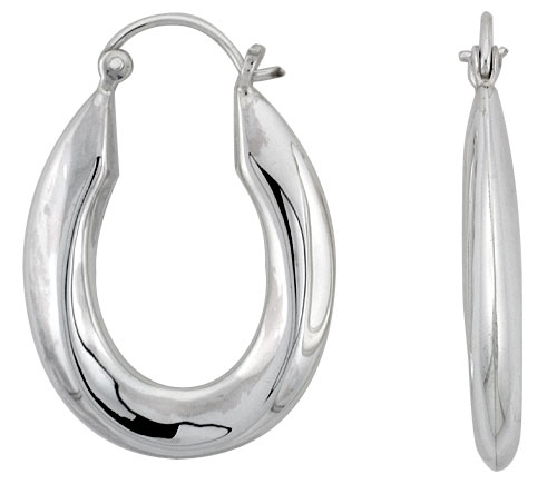 Sterling Silver Oval Hoop Earrings for Women Thick Round Tube Click Top High Polished 1 1/4 inch