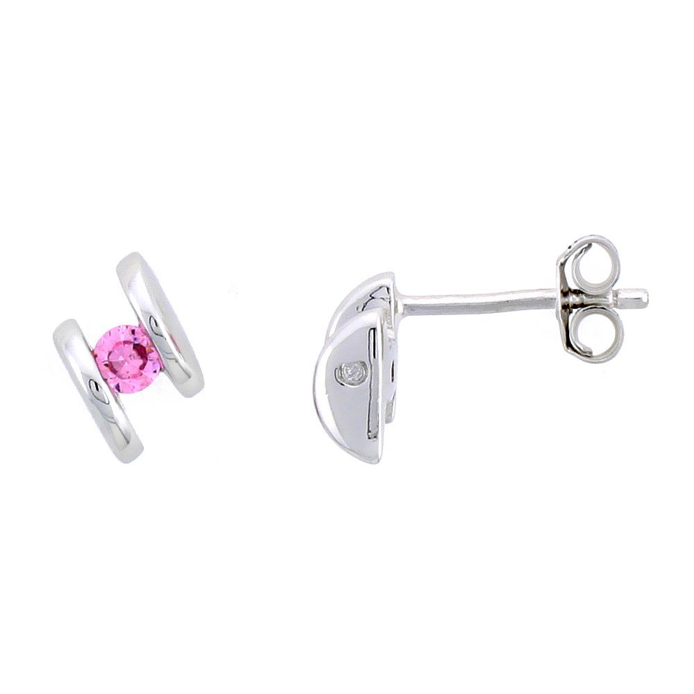Sterling Silver Stud Earrings w/ Brilliant Cut Pink Tourmaline-colored CZ Stones, 3/8" (10 mm) tall