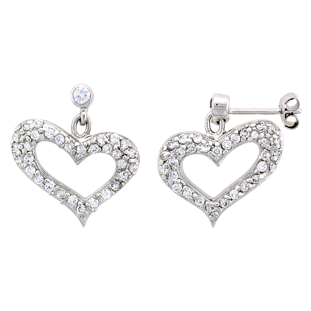 Sterling Silver Jeweled Heart Post Earrings, w/ Cubic Zirconia stones, 7/8" (22 mm)