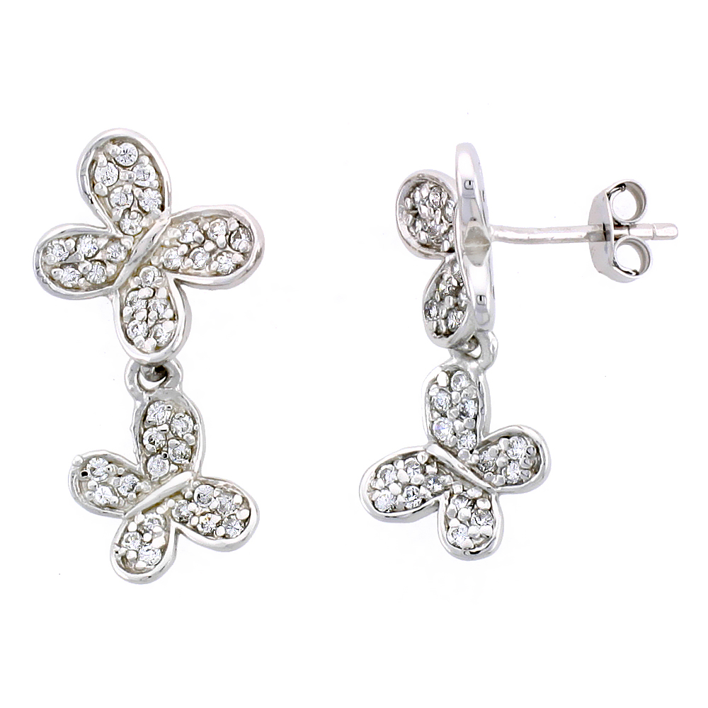 Sterling Silver Jeweled Butterfly Post Earrings, w/ Cubic Zirconia stones, 15/16&quot; (24 mm)