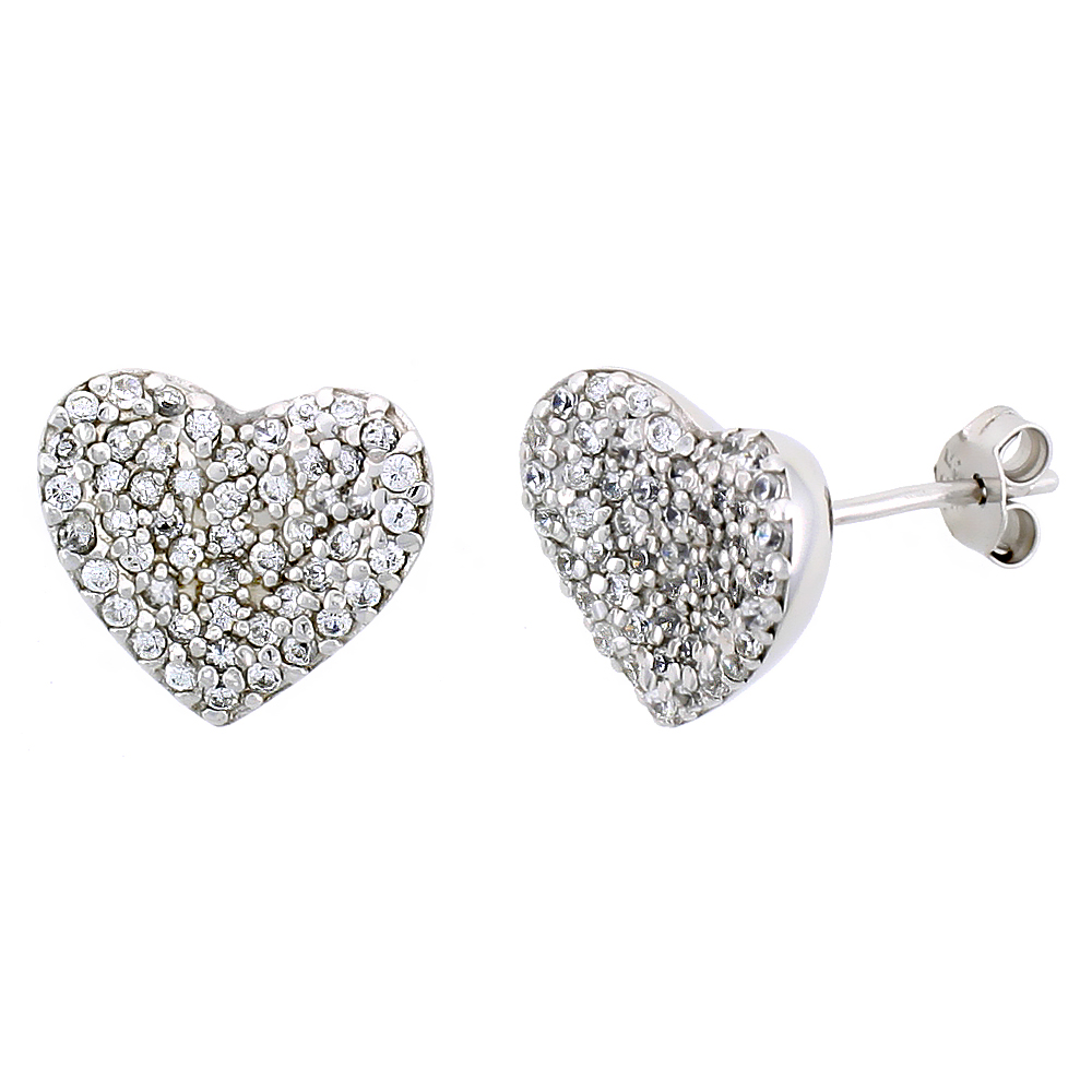 Sterling Silver Heart Stud Earrings w/ Brilliant Cut CZ Stones, 1/2" (13 mm) tall