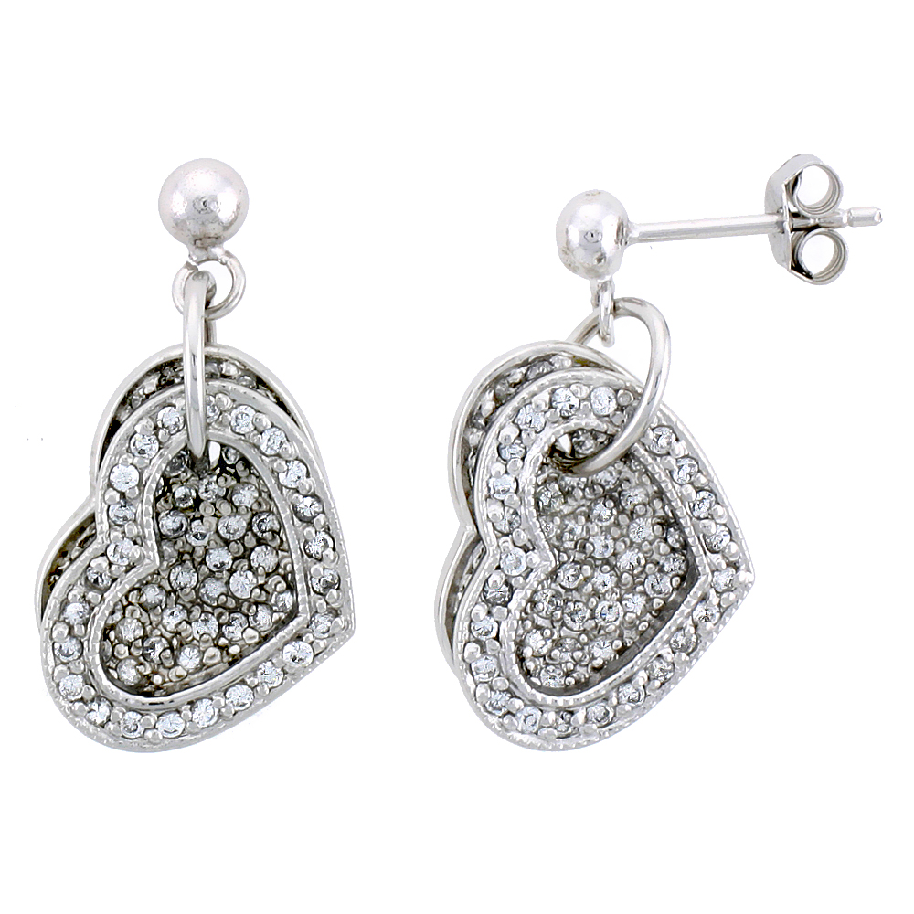 Sterling Silver Jeweled Heart Post Earrings, w/ Cubic Zirconia stones, 11/16" (17 mm)