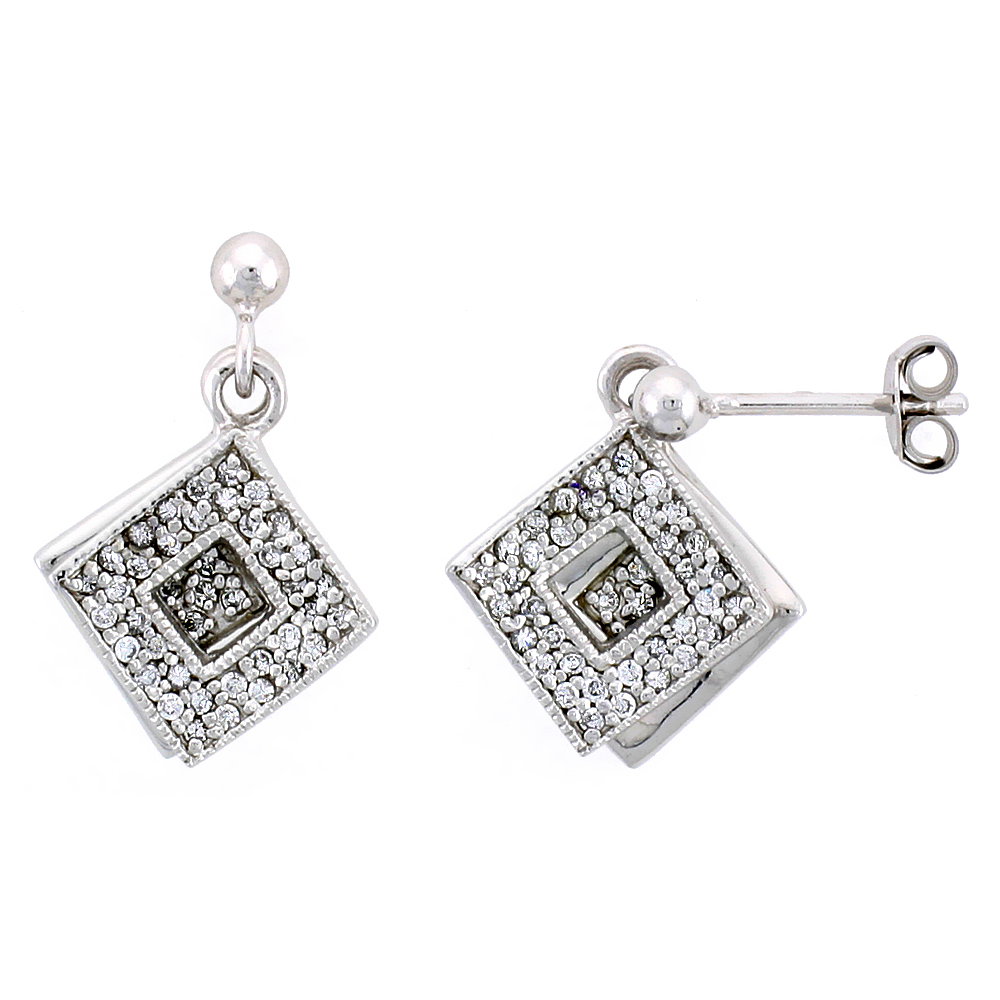 Sterling Silver Jeweled Diamond-shaped Post Earrings, w/ Cubic Zirconia stones, 11/16" (17 mm)