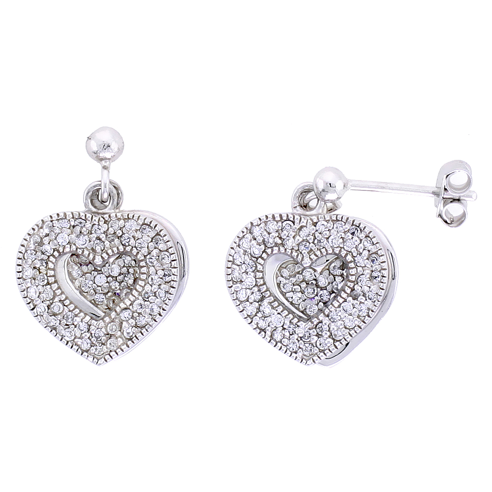 Sterling Silver Jeweled Heart Post Earrings w/ Cubic Zirconia stones, 5/8" (16 mm)