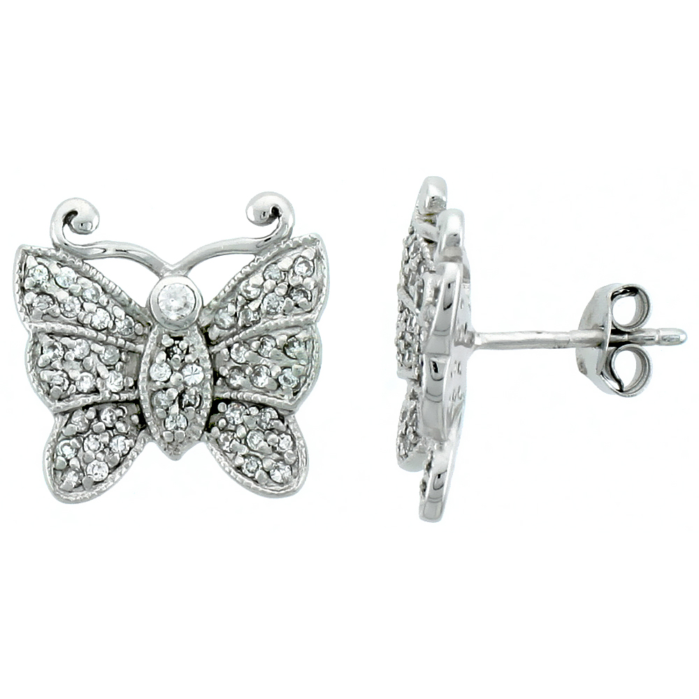 Sterling Silver Jeweled Butterfly Post Earrings, w/ Cubic Zirconia stones, 9/16 (15 mm)