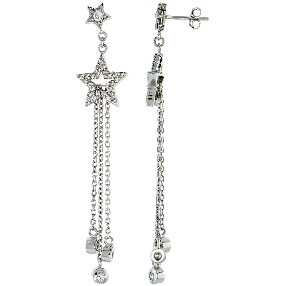 Sterling Silver Jeweled Star Post Earrings, w/ Cubic Zirconia stones, 2 9/16 (65 mm)