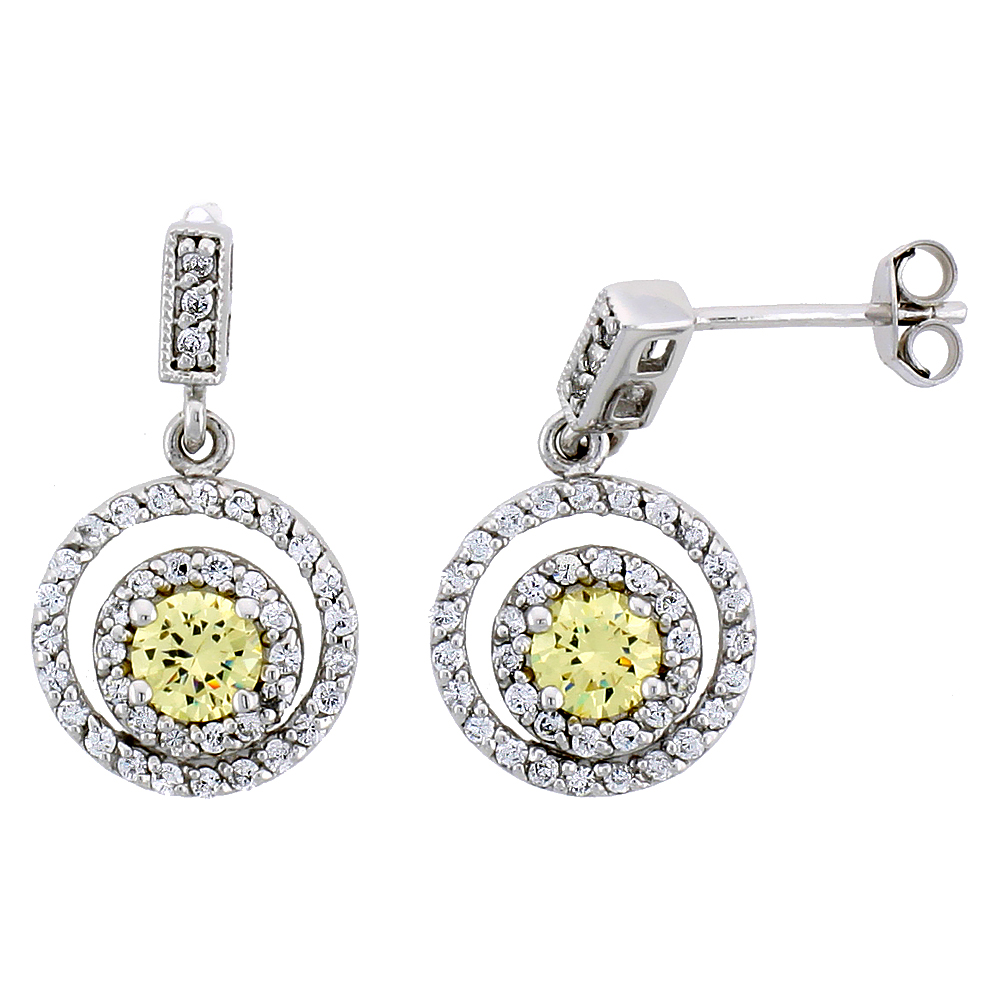 Sterling Silver Circle Dangle Earrings w/ Brilliant Cut Yellow Topaz-colored CZ Stones, 15/16" (24 mm) tall